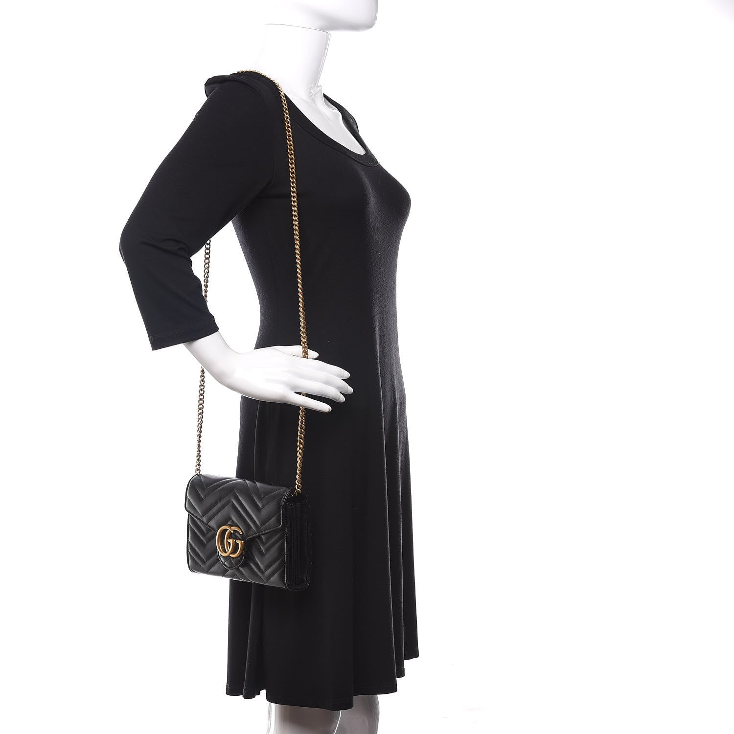 Gucci Calfskin Matelasse GG Marmont Chain Wallet Black 2 of 13