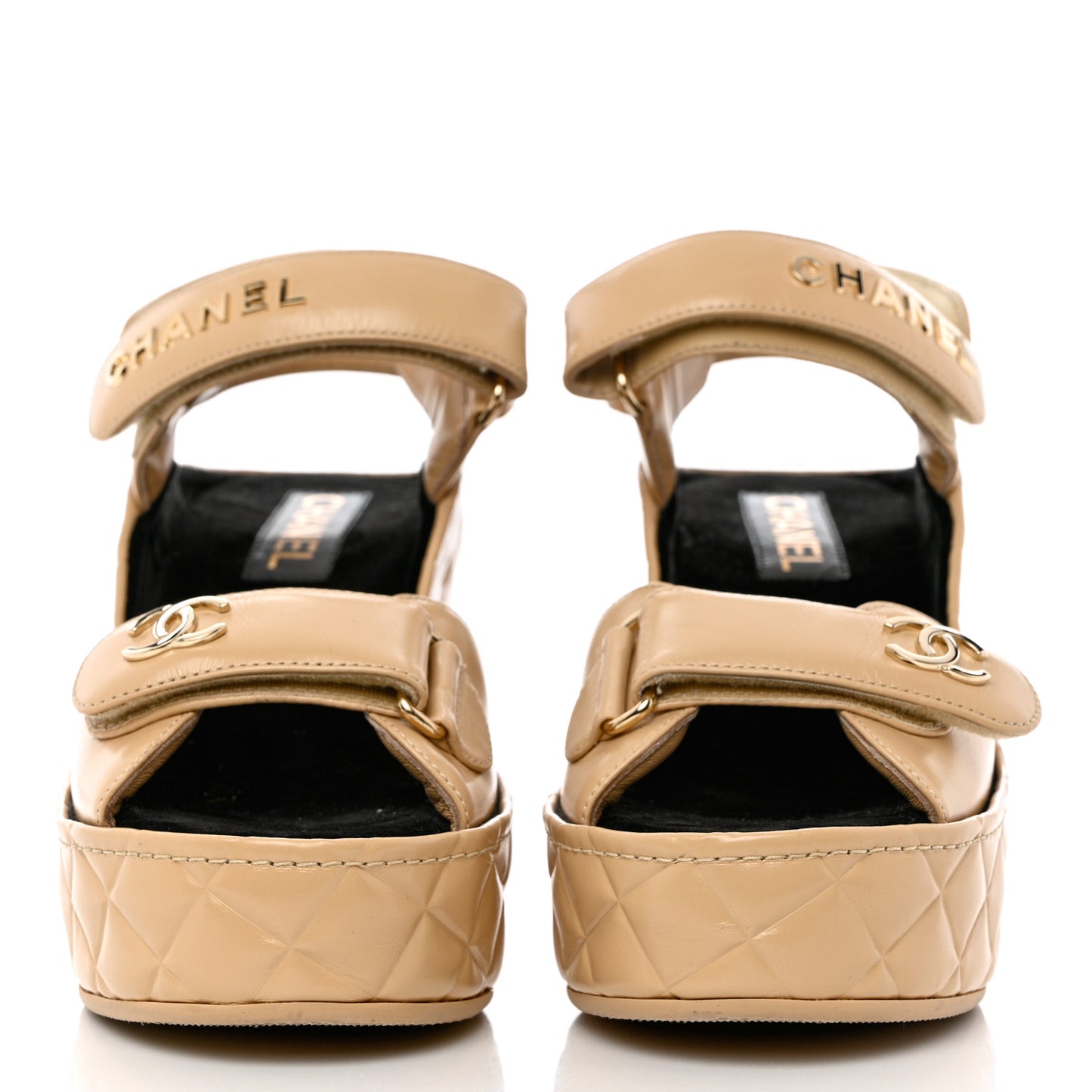 Shiny Calfskin Quilted Wedge Sandals 39 Beige