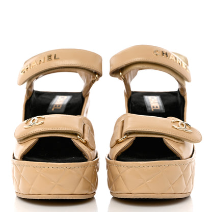 Chanel Shiny Calfskin Quilted Wedge Sandals 39 Beige 2 of 11