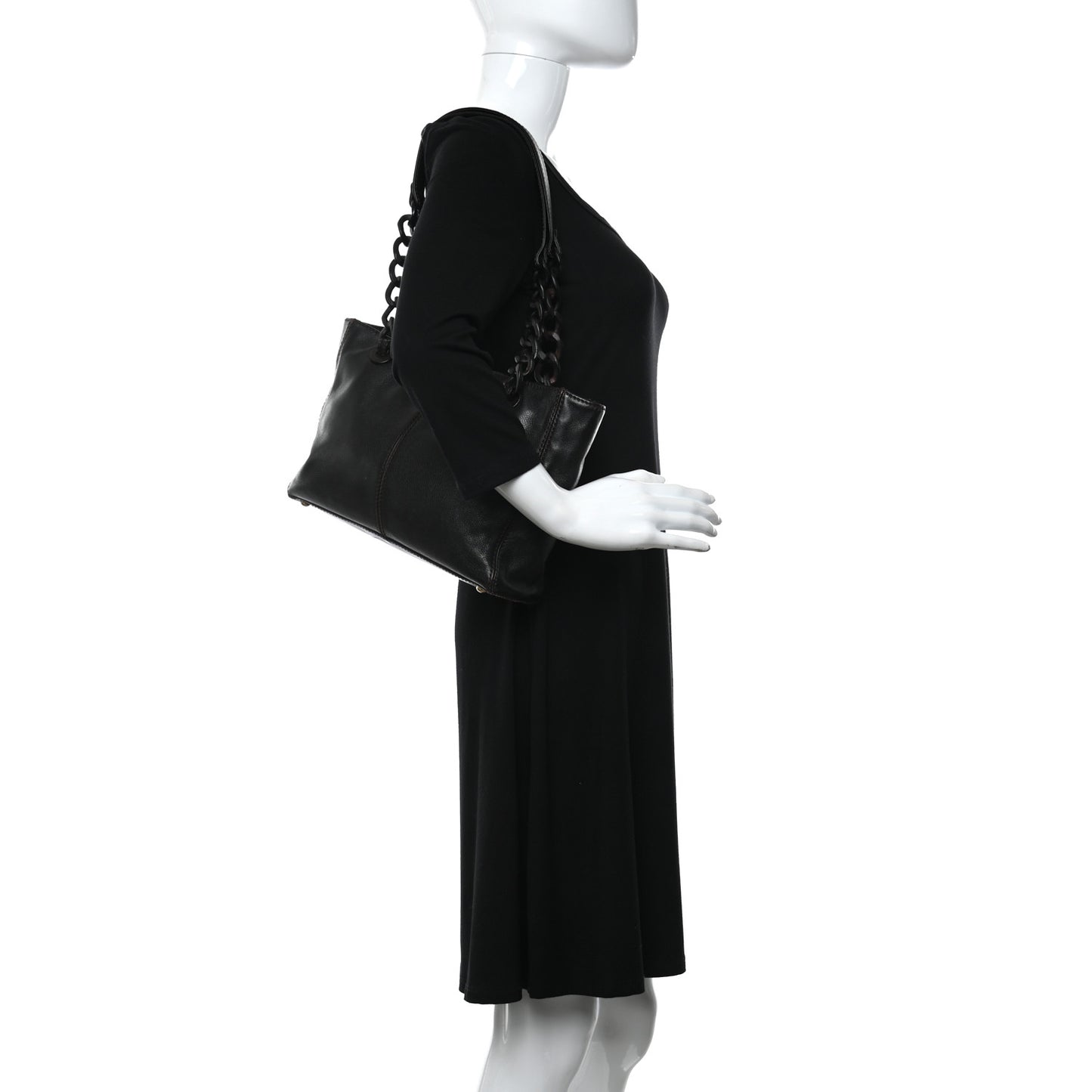 Calfskin Wood Chain Tote Black