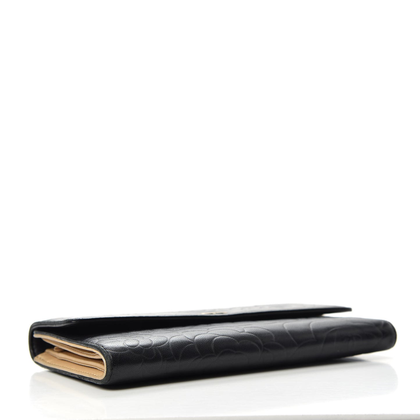 Lambskin Camellia Embossed Large Flap Wallet Black