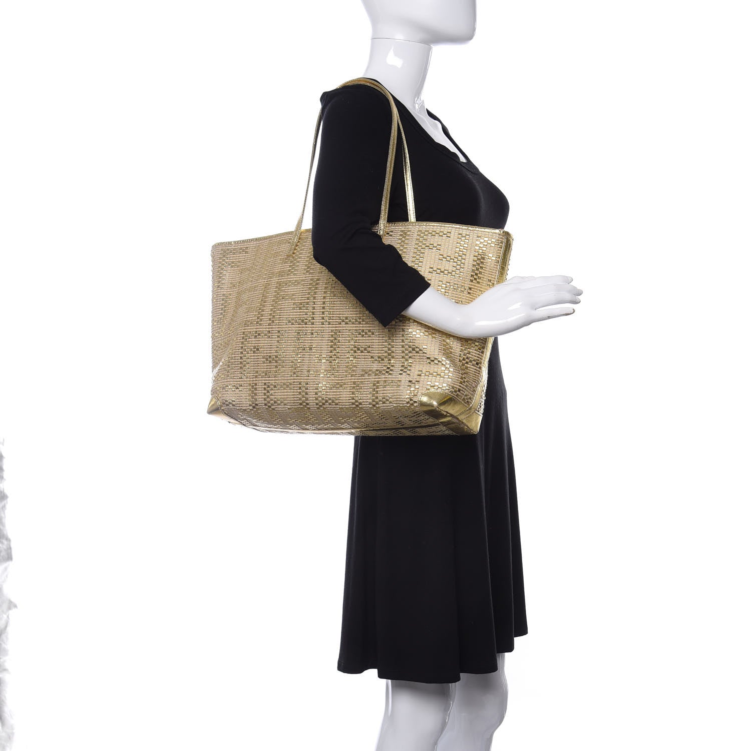 Fendi Canvas Metallic Calfskin Woven FF Roll Tote Gold 2 of 16