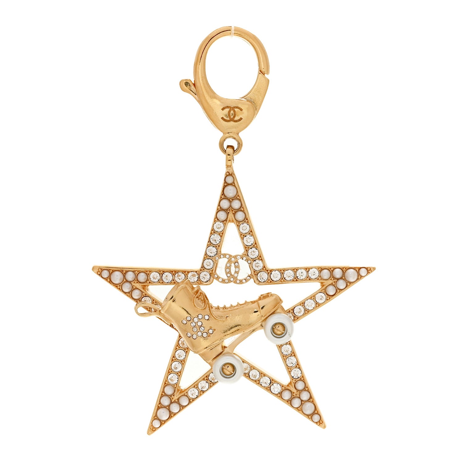 Chanel Crystal Pearl Roller Skate Star Keychain Gold 1 of 4