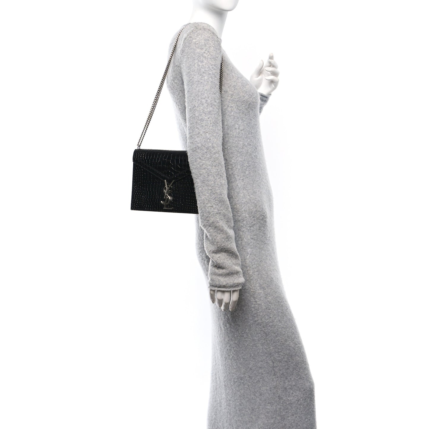 Calfskin Crocodile Embossed Monogram Cassandra Clasp Bag Black Rouge Legion