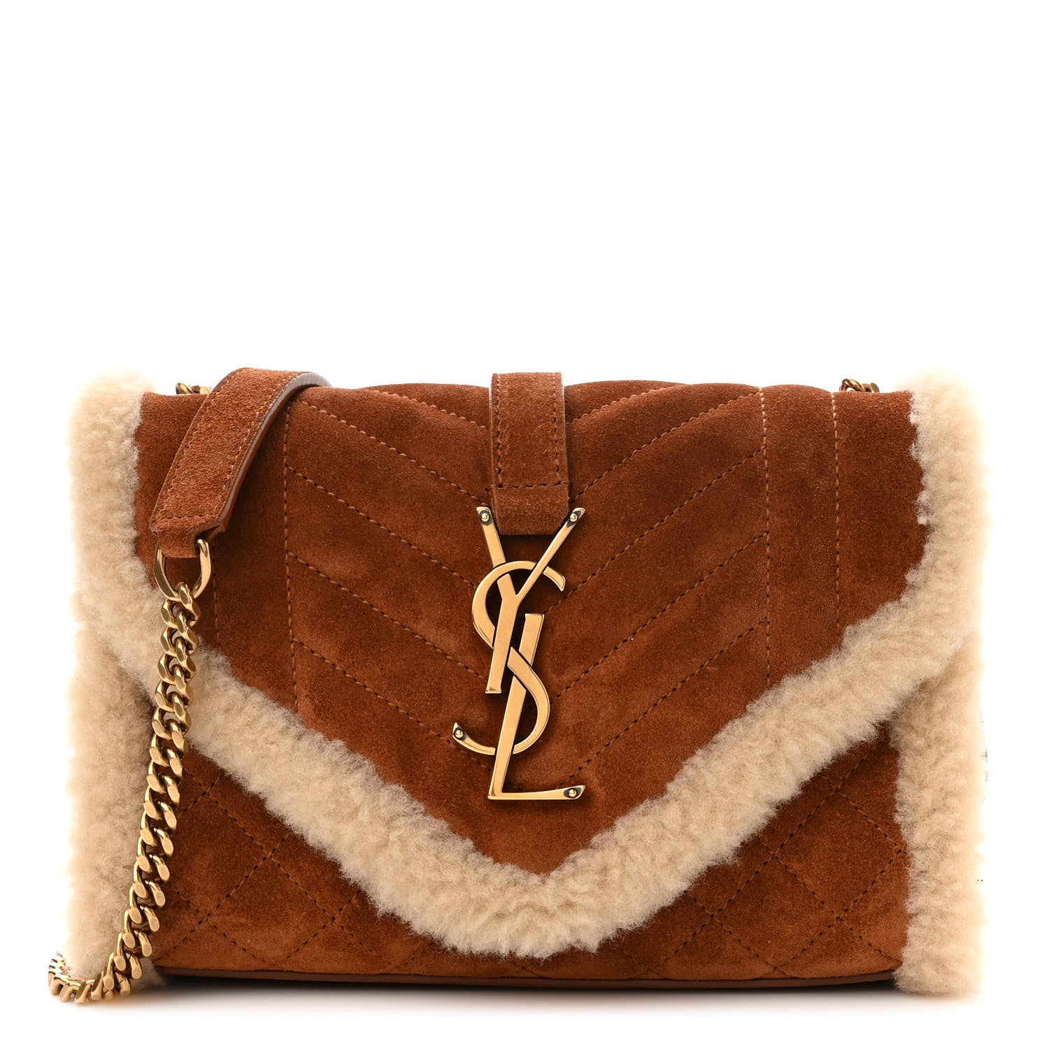 Saint Laurent Nubuck Shearling Mixed Matelasse Triquilt Small Monogram Satchel Ivory Natural Tan 1 of 11