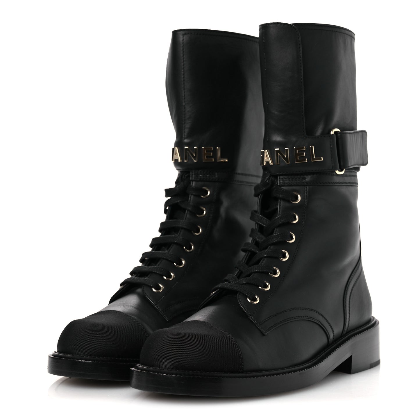 Calfskin Grosgrain Lace Up Combat Boots 38.5 Black