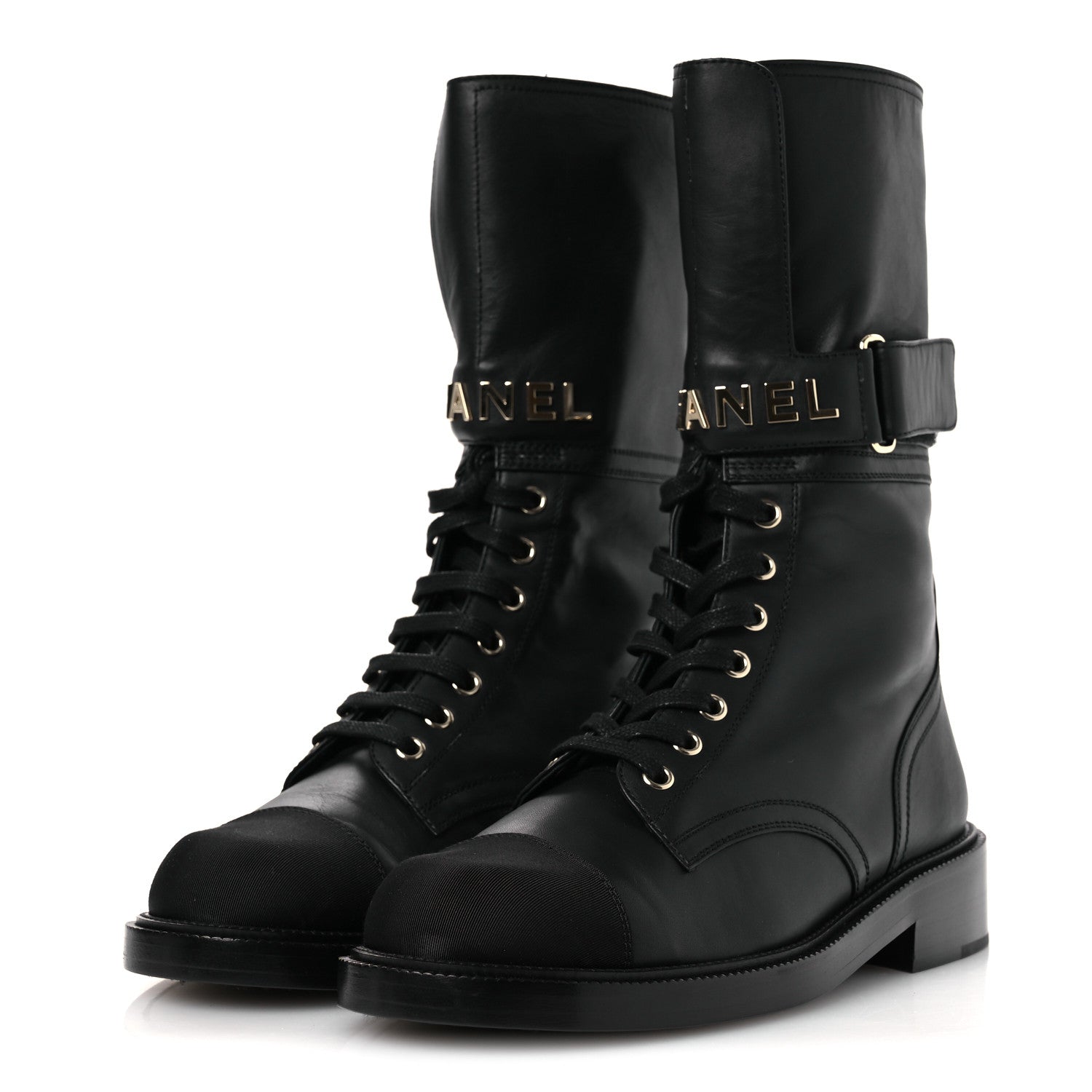 Chanel Calfskin Grosgrain Lace Up Combat Boots 38.5 Black 4 of 12