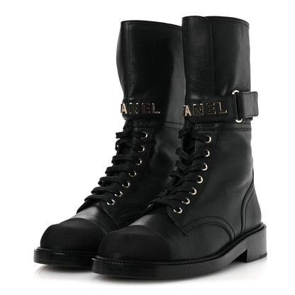 Chanel Calfskin Grosgrain Lace Up Combat Boots 38.5 Black 4 of 12
