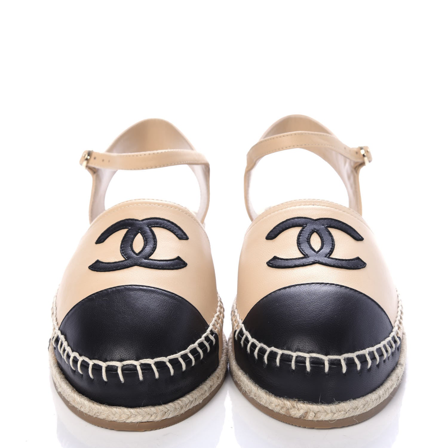 Chanel Lambskin Cap Toe CC Espadrille Sandals 39 Beige Black 2 of 10