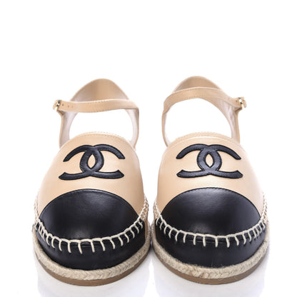 Chanel Lambskin Cap Toe CC Espadrille Sandals 39 Beige Black 2 of 10