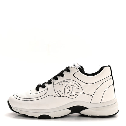 Chanel Cotton Womens CC Sneakers 37.5 White Black 1 of 9