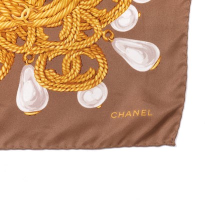 Chanel Silk CC Chain Pearl Square Scarf Brown 2 of 3