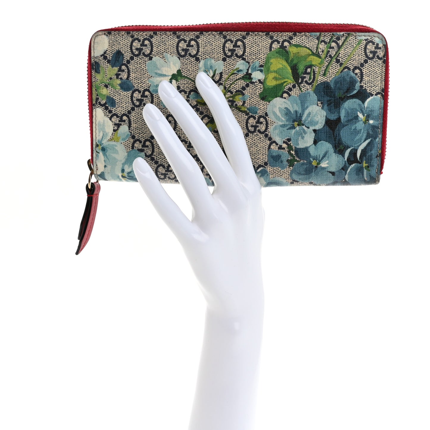 GG Supreme Monogram Blooms Zip Around Wallet Blue Red