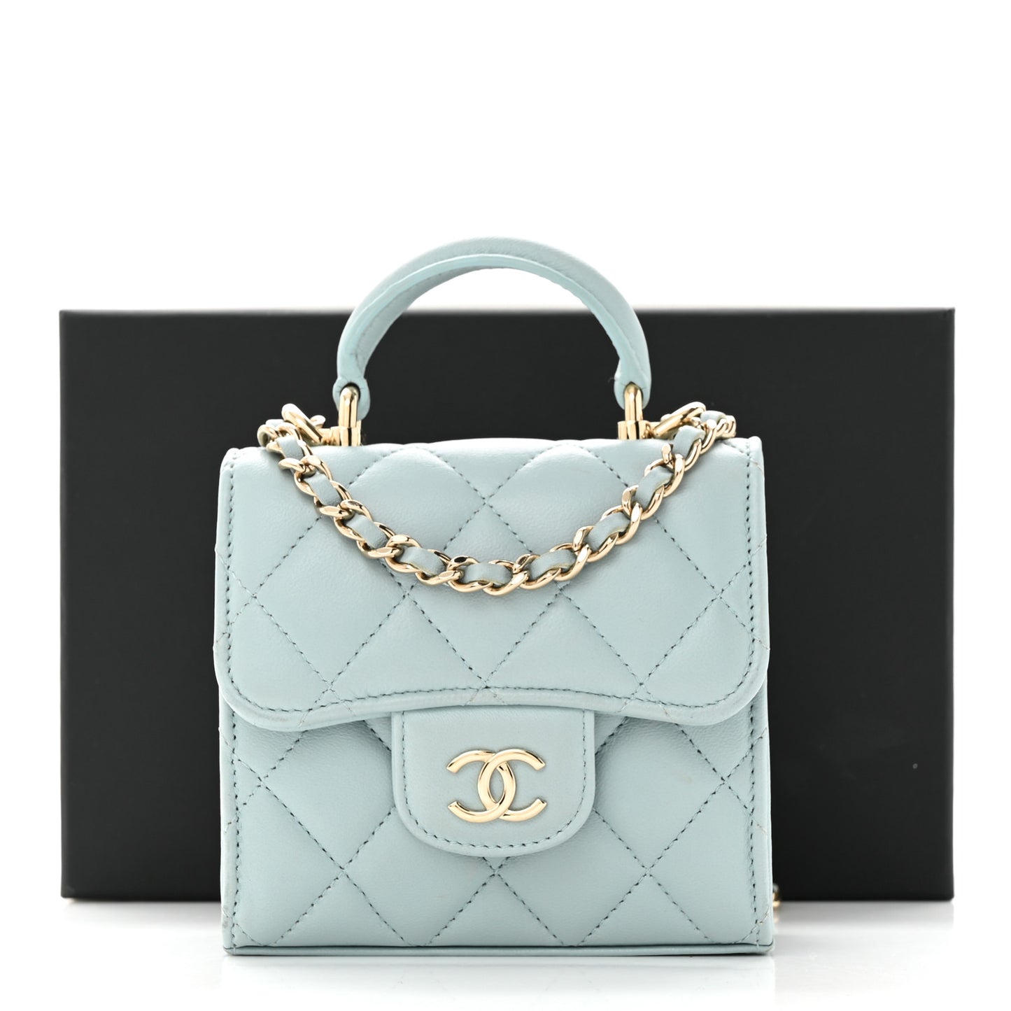 Lambskin Quilted Top Handle Flap Clutch With Chain Light Blue