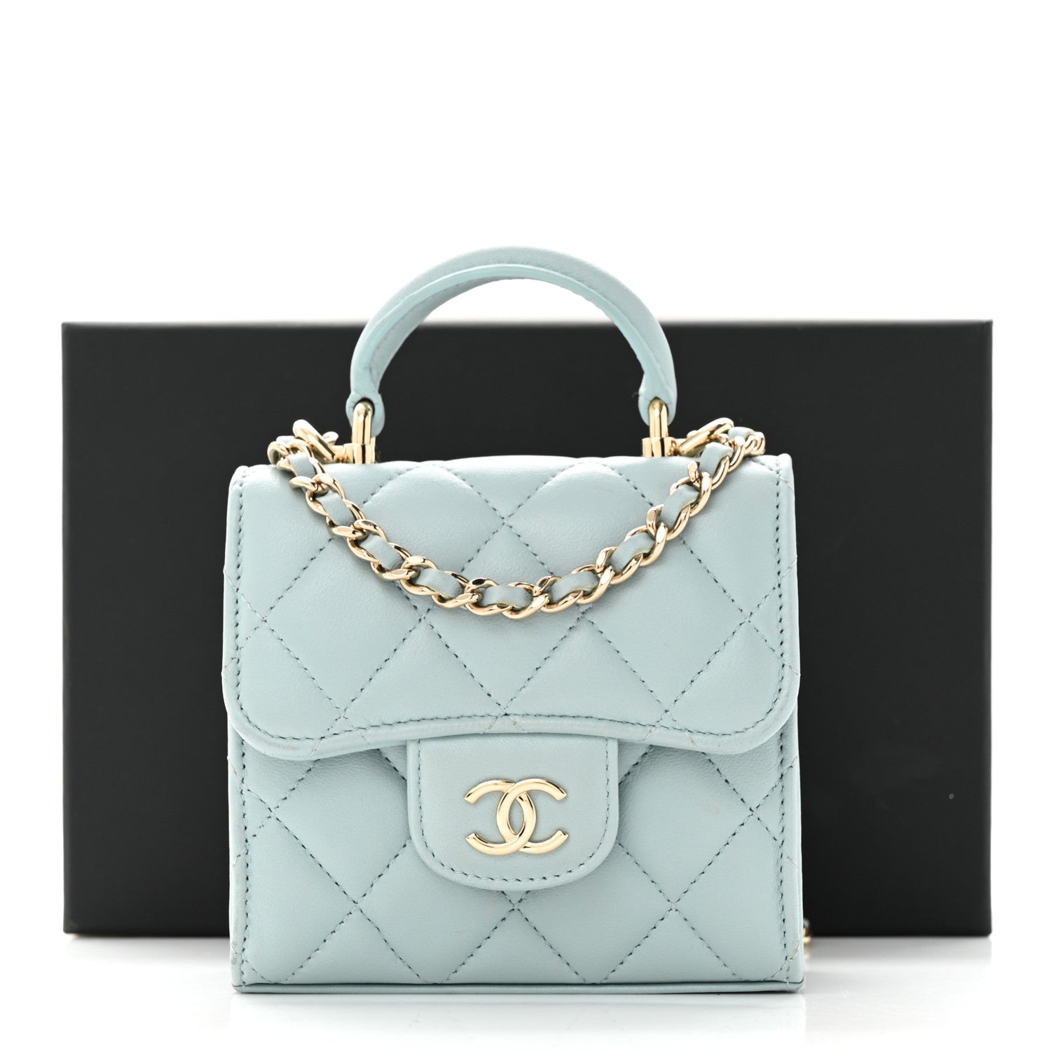 Chanel Lambskin Quilted Top Handle Flap Clutch With Chain Light Blue 13 of 13