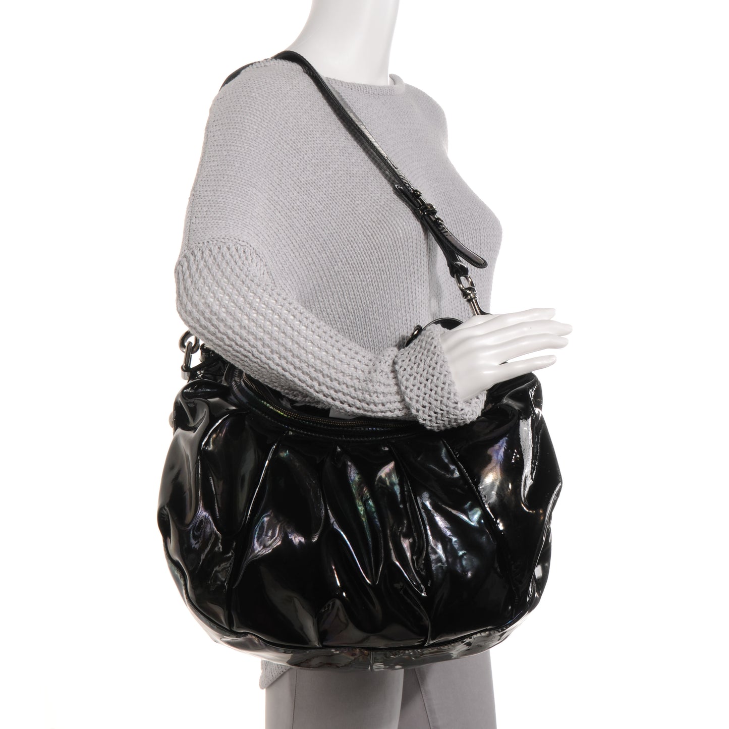 Iridescent Patent Medium Icon Bit Shoulder Bag Black