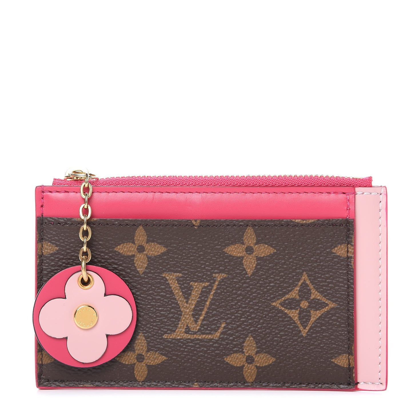 Monogram Blooming Flowers Zipped Card Holder Hot Pink Rose Ballerine