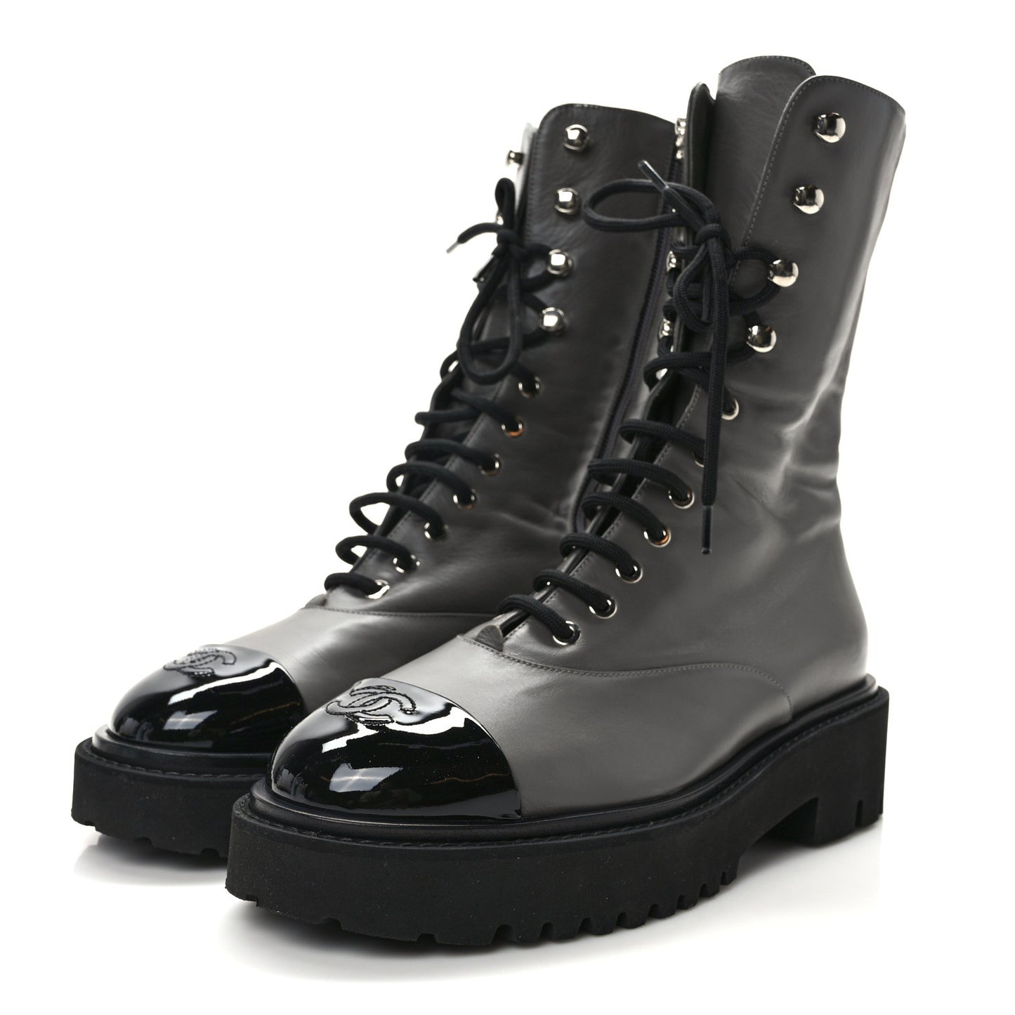 Crumpled Calfskin Patent Cap Toe Lace Up Combat Boots 40.5 Gray