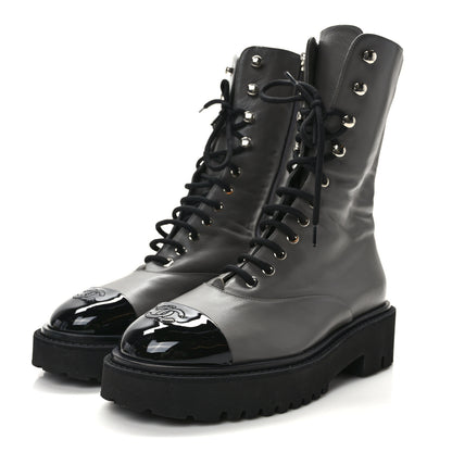 Chanel Crumpled Calfskin Patent Cap Toe Lace Up Combat Boots 40.5 Gray 3 of 10