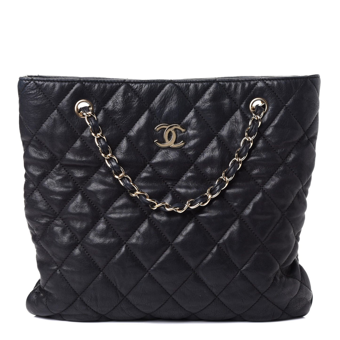 Crumpled Lambskin Quilted CC Shopping Tote Black