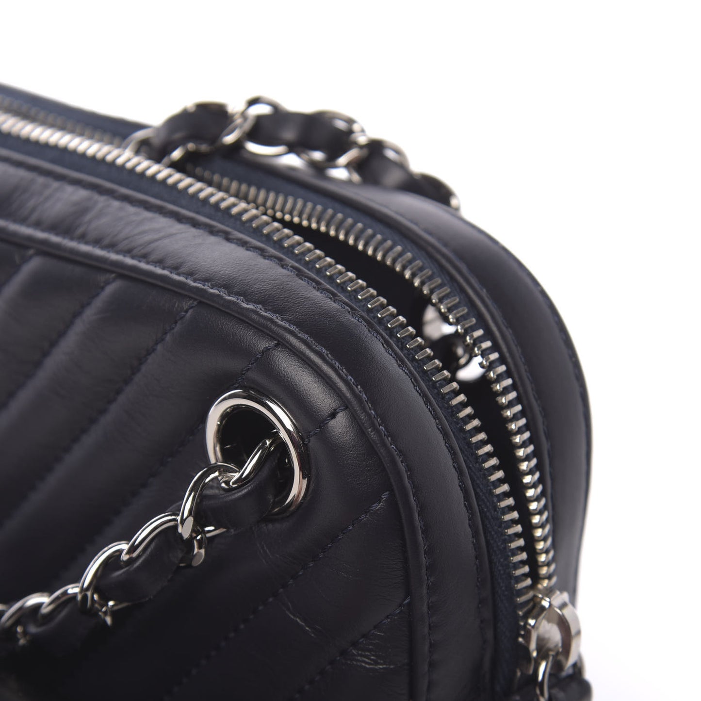 Calfskin Chevron Quilted Double Camera Bag With Flap Black
