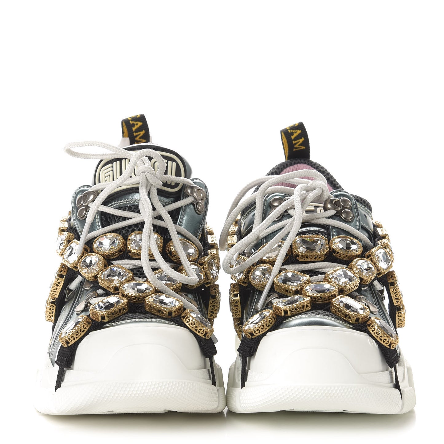 X SEGA Metallic Calfskin Removable Crystals Womens Flashtrek Sneakers 35.5 Lago Loess Silver