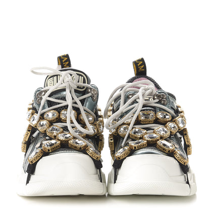 Gucci X SEGA Metallic Calfskin Removable Crystals Womens Flashtrek Sneakers 35.5 Lago Loess Silver 2 of 8