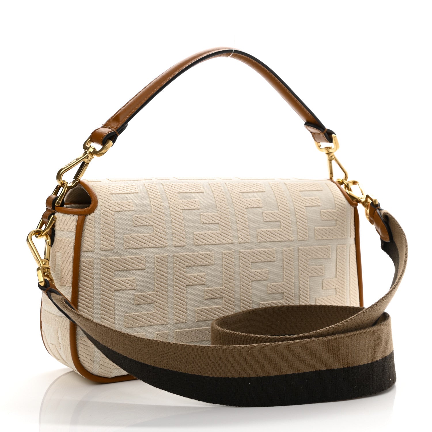Fendi Canvas Vitello King Bi-Color Strap FF Embroidered Baguette Grezzo Brandy Cuoio 3 of 10