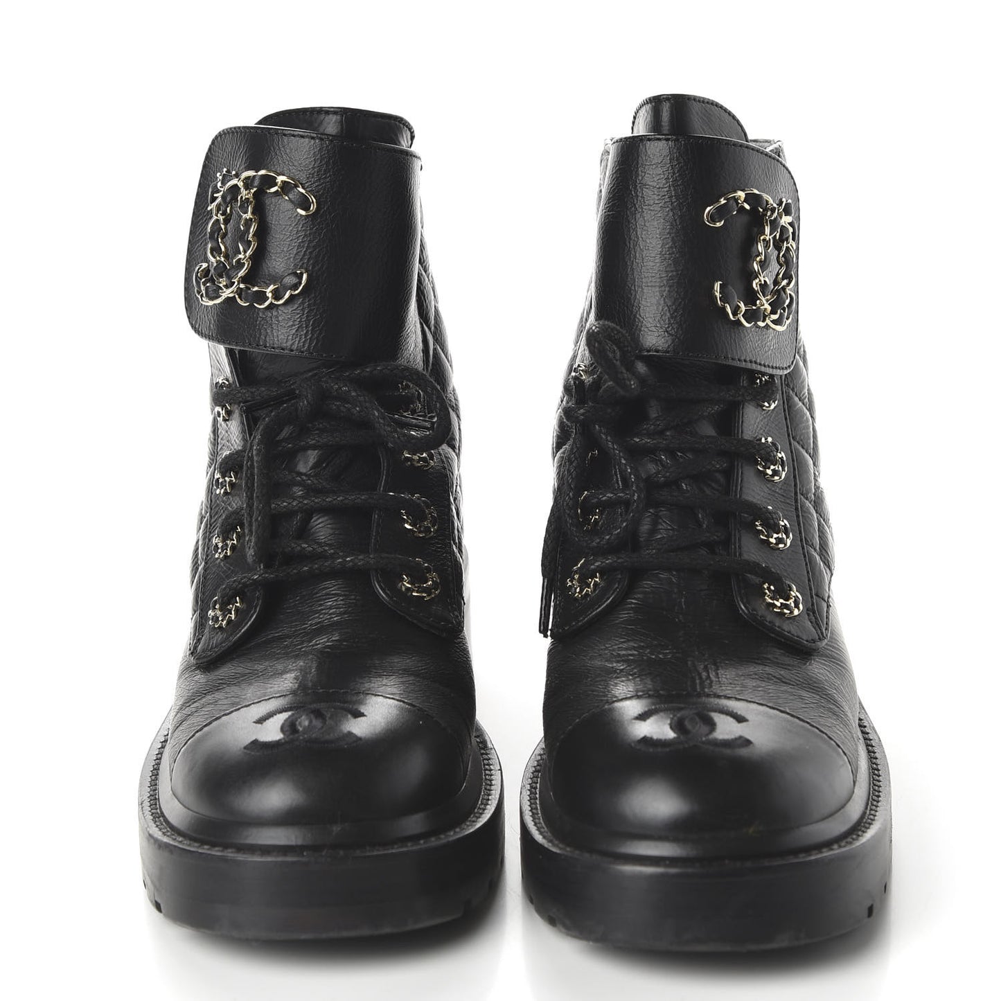 Shiny Goatskin Calfskin Quilted Lace Up Combat Boots 38 Black