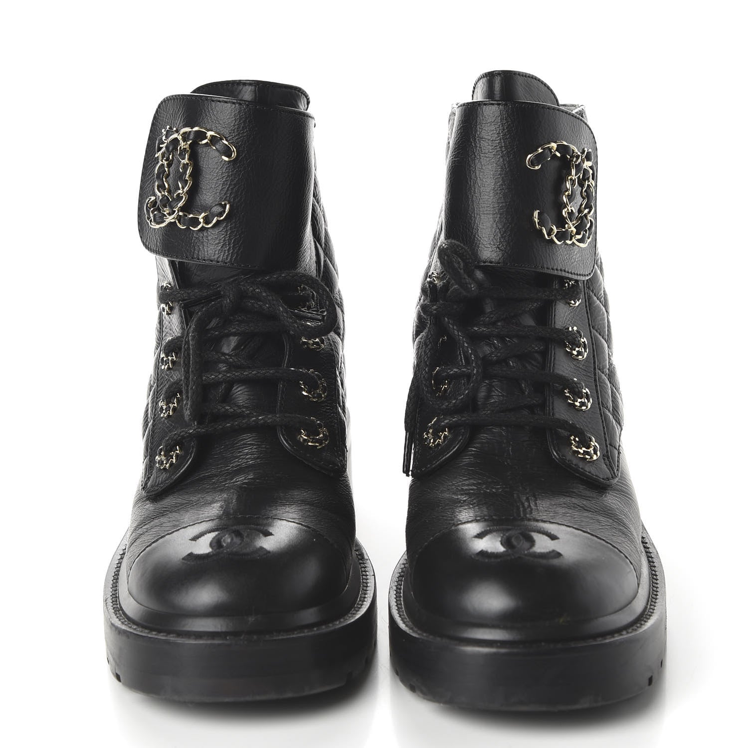 Chanel Shiny Goatskin Calfskin Quilted Lace Up Combat Boots 38 Black 2 of 9