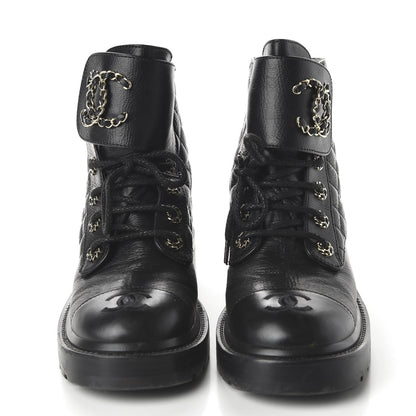 Chanel Shiny Goatskin Calfskin Quilted Lace Up Combat Boots 38 Black 2 of 9