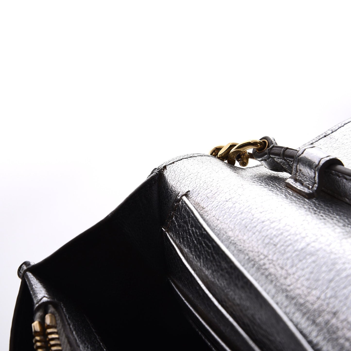 Grained Metallic Calfskin Monogram Chain Wallet Argento