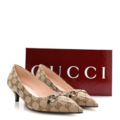 Gucci Canvas GG Monogram Horsebit Slingback Pumps 37.5 Beige Ebony Cocoa 9 of 9