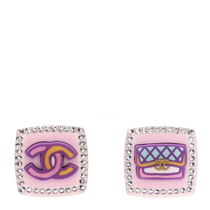 Chanel Metal Resin Crystal CC Square Earrings White Pink Multicolor 1 of 5