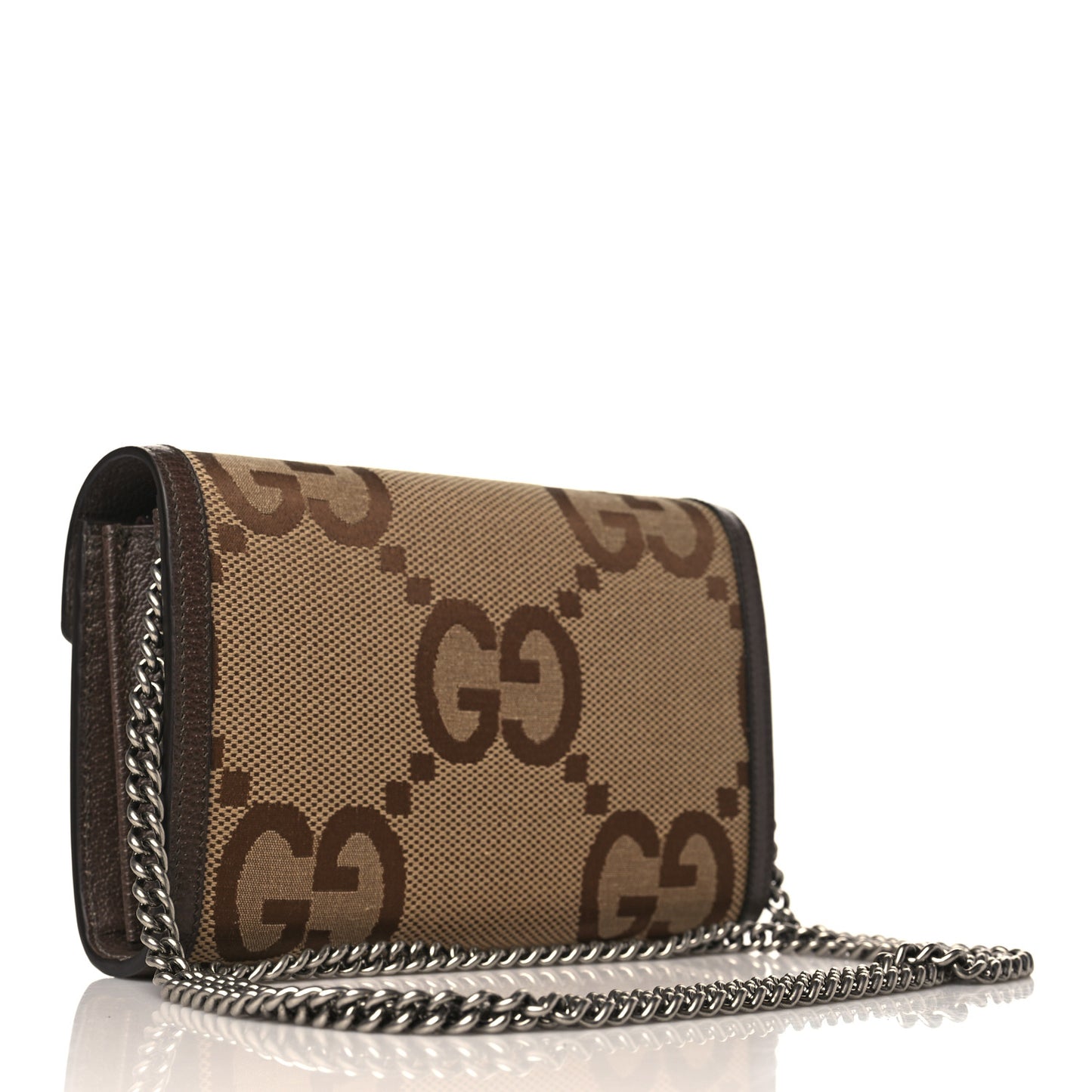 Monogram Jumbo GG Textured Dollar Calfskin Mini Dionysus Chain Wallet Camel Ebony New Acero
