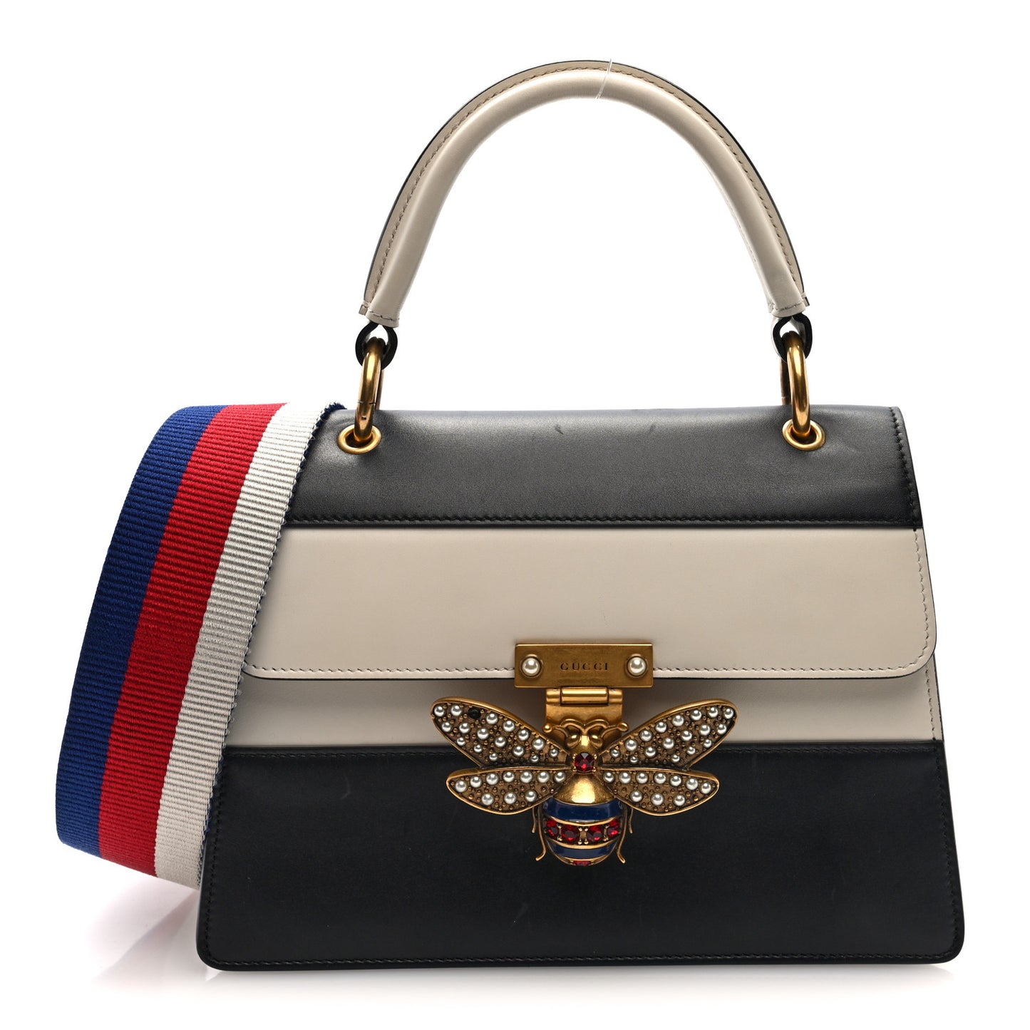 Calfskin Sylvie Web Small Queen Margaret Top Handle Bag Black White