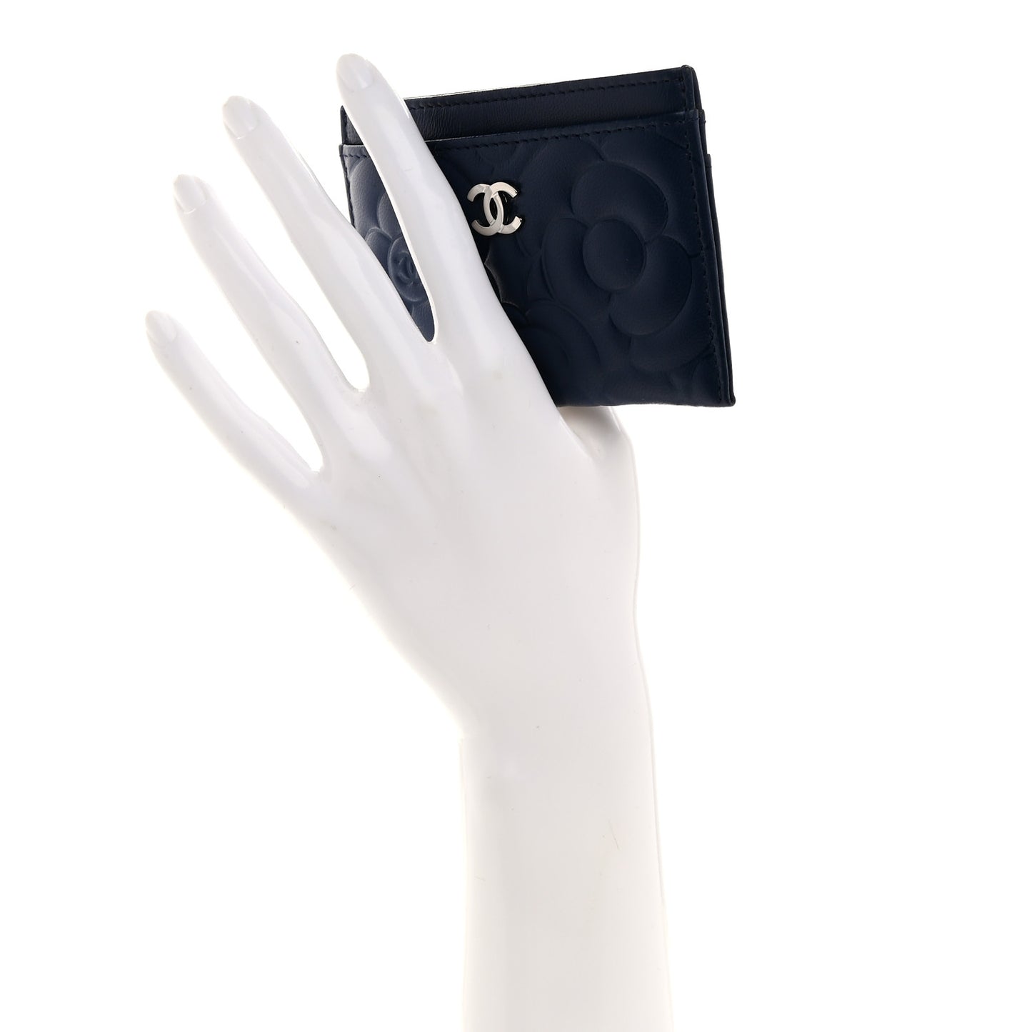 Lambskin Camellia Embossed Card Holder Navy