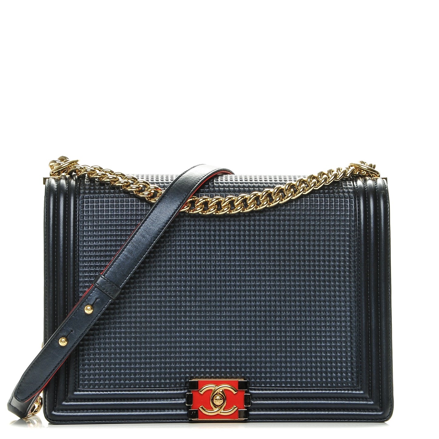 Lambskin Embossed Large Boy Cube Flap Navy Blue