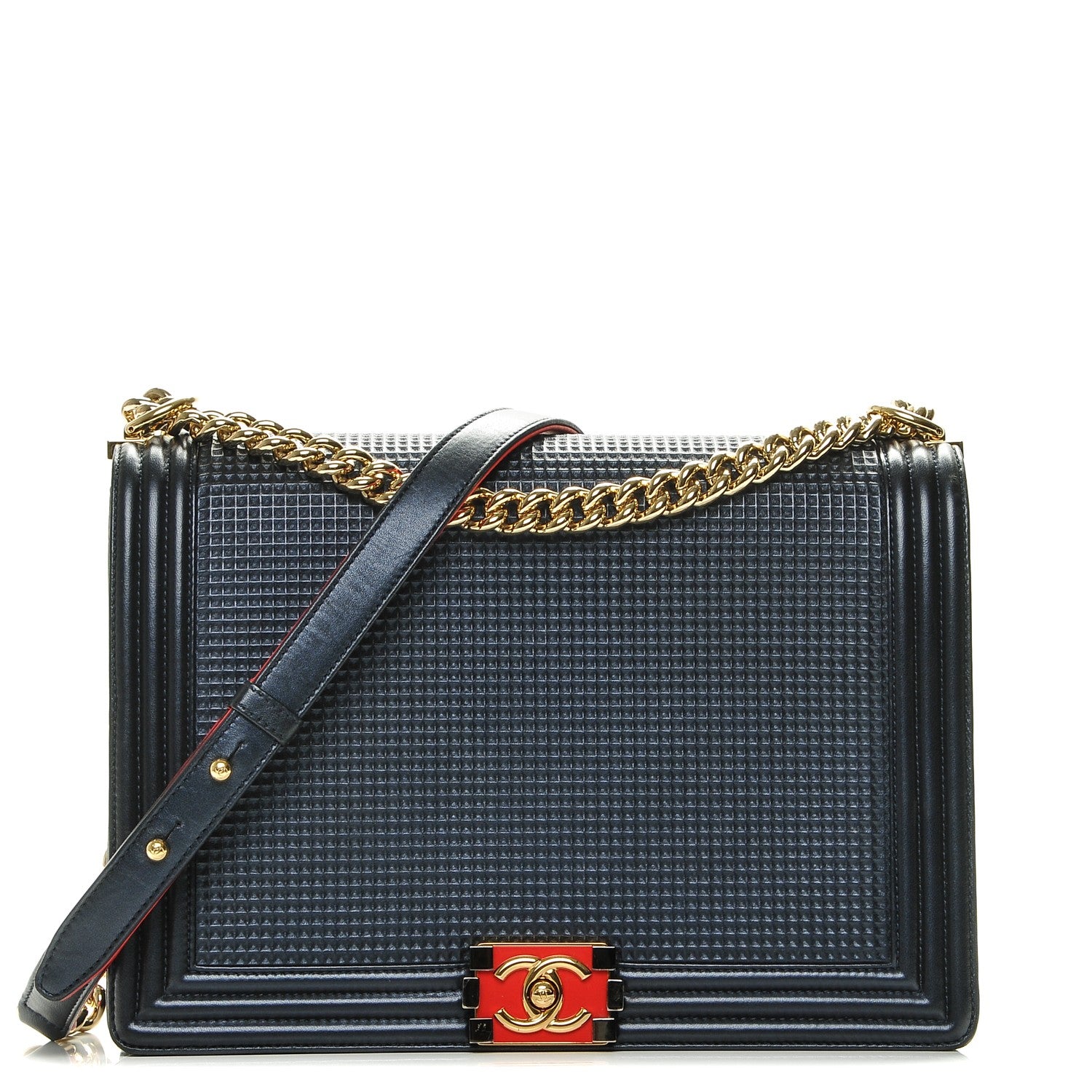 Chanel Lambskin Embossed Large Boy Cube Flap Navy Blue 1 of 9