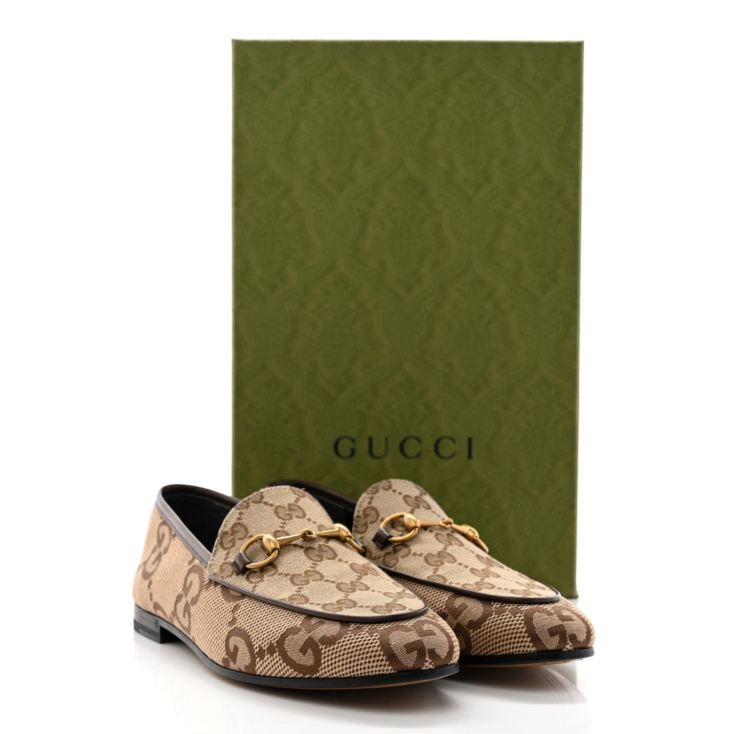 Gucci Monogram Jumbo GG Malaga Kid Horsebit Womens Jordaan Loafers 38 Camel Ebony New Acero Beige 14 of 14