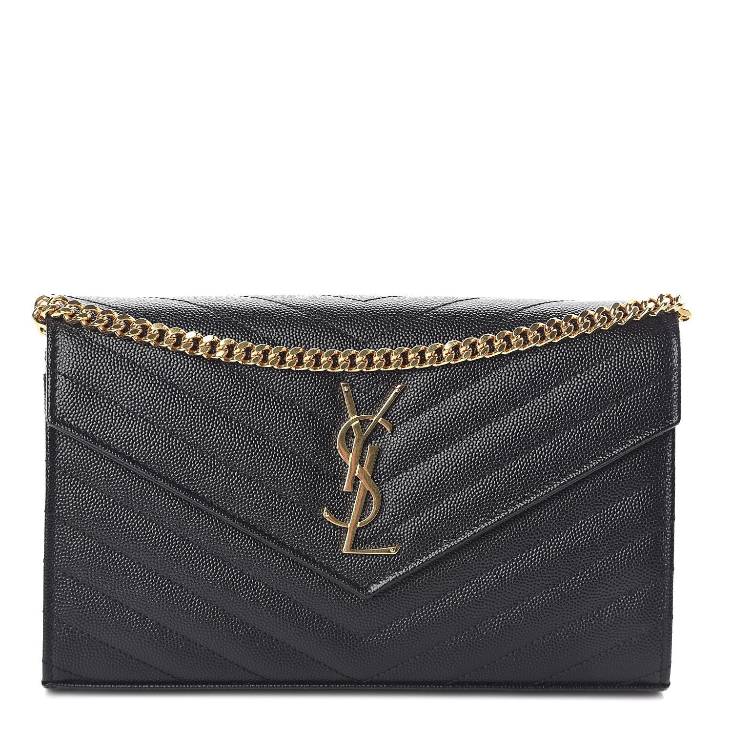 Saint Laurent Grain De Poudre Matelasse Chevron Monogram Chain Wallet Black 1 of 10
