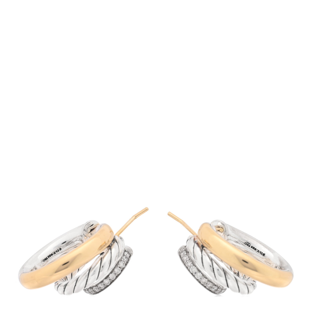 18K Yellow Gold Sterling Silver Diamond Mercer Three Row Hoop Earrings