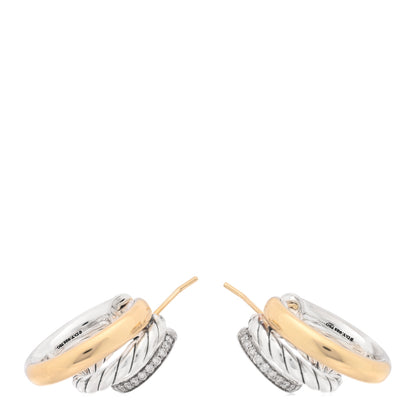 David Yurman 18K Yellow Gold Sterling Silver Diamond Mercer Three Row Hoop Earrings 3 of 4