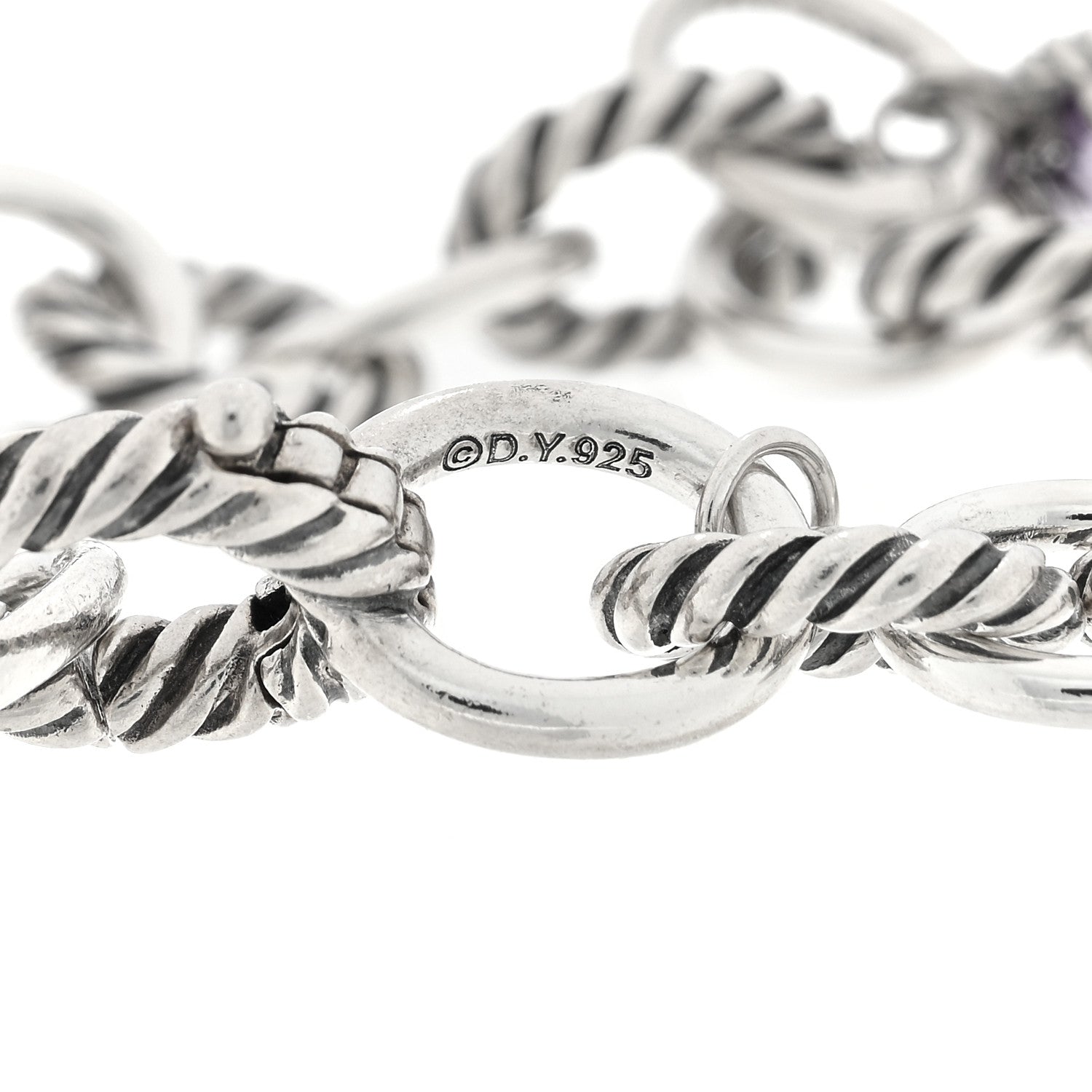 David Yurman Sterling Silver Amethyst 10mm Medium Oval Link Cable Heart Charm Bracelet 3 of 4