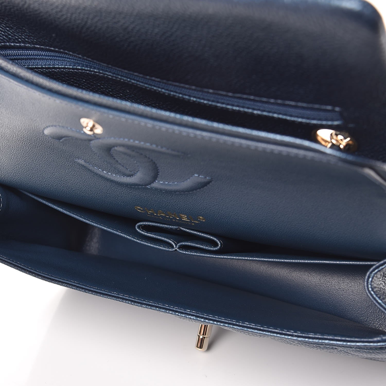 Chanel Metallic Caviar Quilted Medium Double Flap Dark Blue 6 of 9