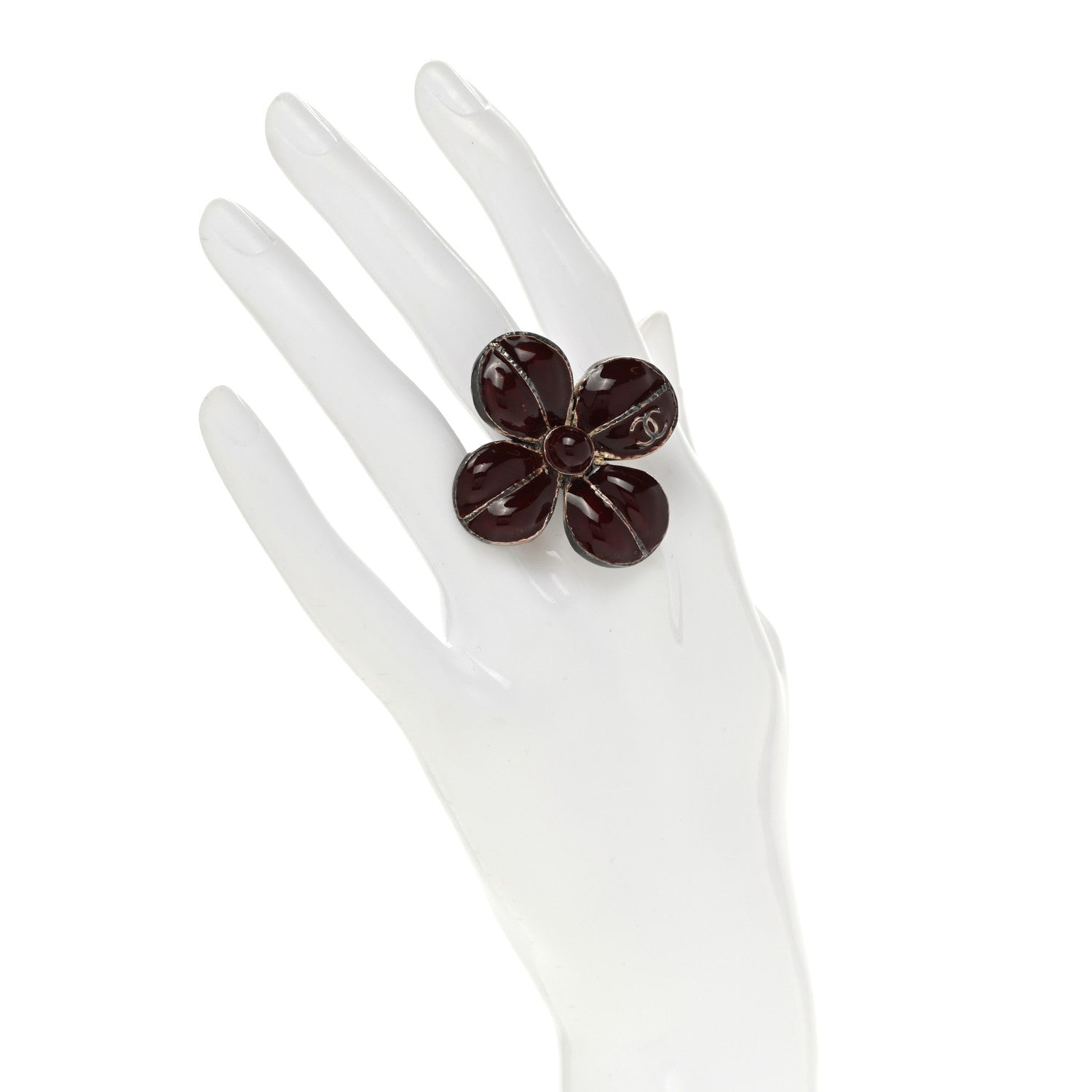 Chanel Enamel CC Flower Ring 52/6 Burgundy Gold 2 of 4