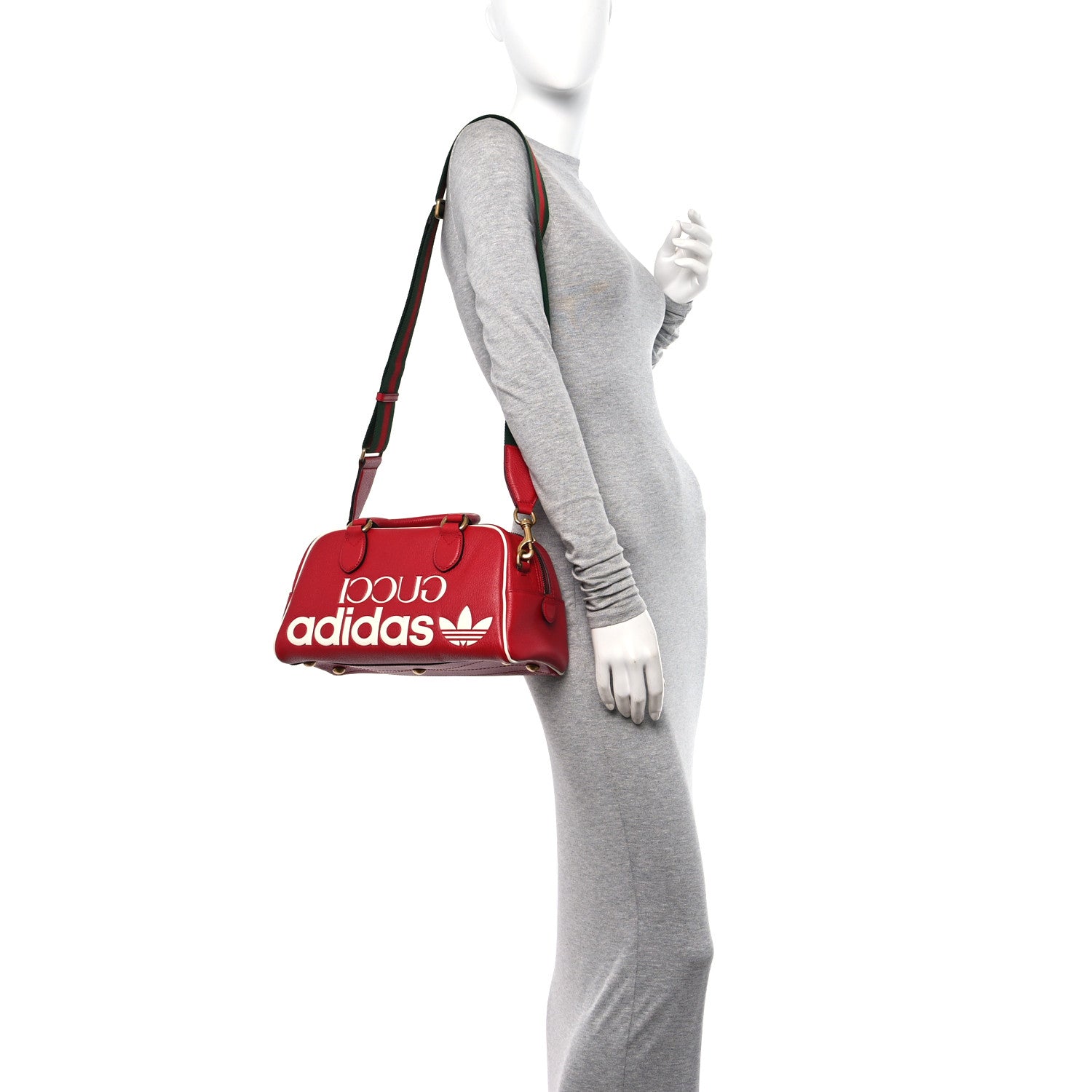 Gucci X ADIDAS Textured Dollar Calfskin Web Trefoil Logo Embossed Mini Bowling Bag Red Off White 2 of 11