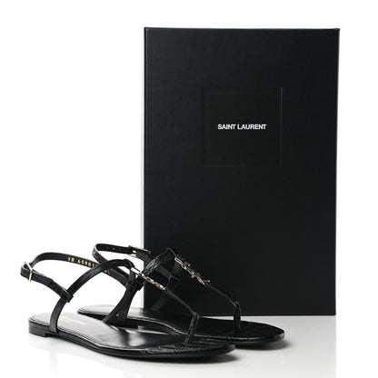 Saint Laurent Calfskin Crocodile Embossed Cassandra Monogram Sandals 38.5 Black 9 of 9
