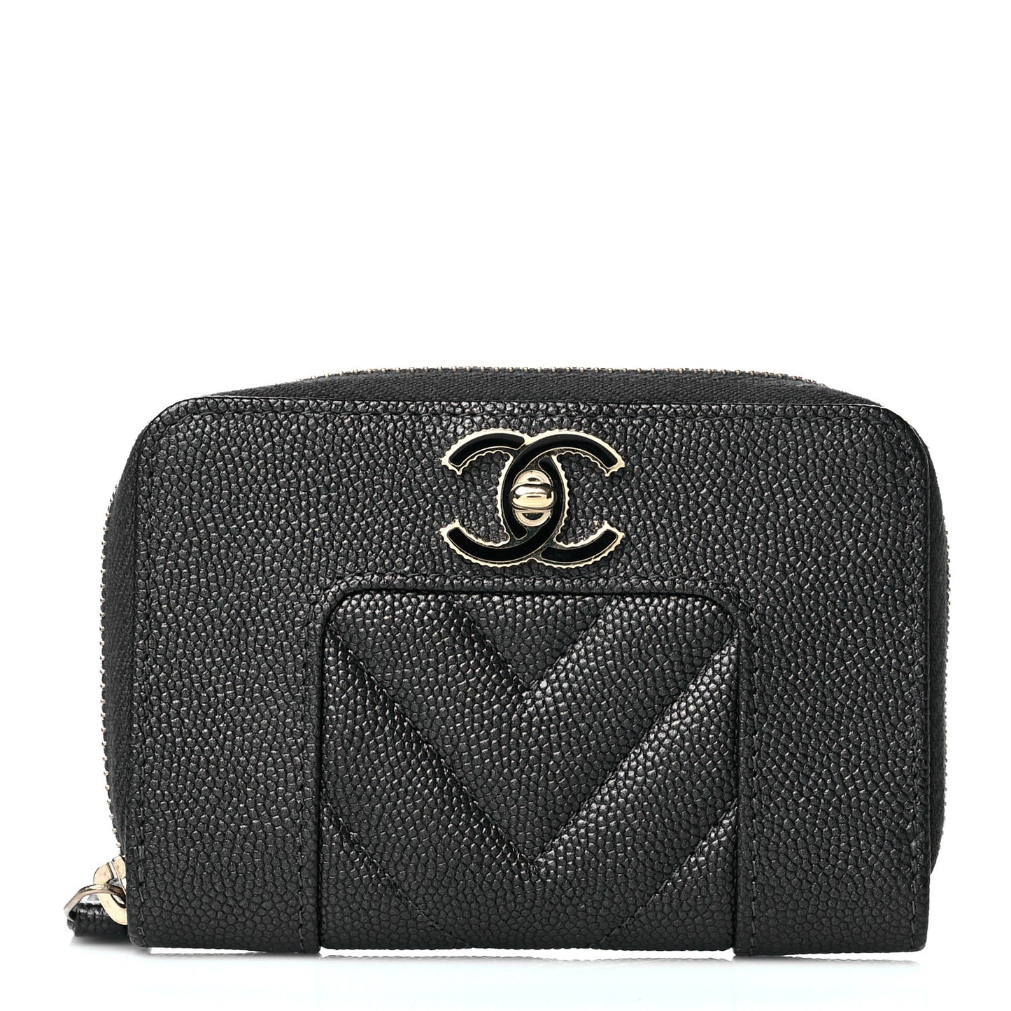 Metallic Caviar Chevron Quilted Vintage Mademoiselle Zip Coin Purse Black
