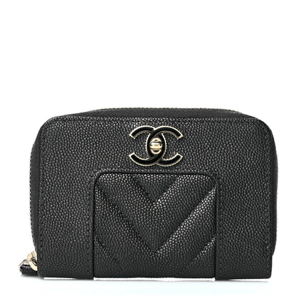 Chanel Metallic Caviar Chevron Quilted Vintage Mademoiselle Zip Coin Purse Black 1 of 10